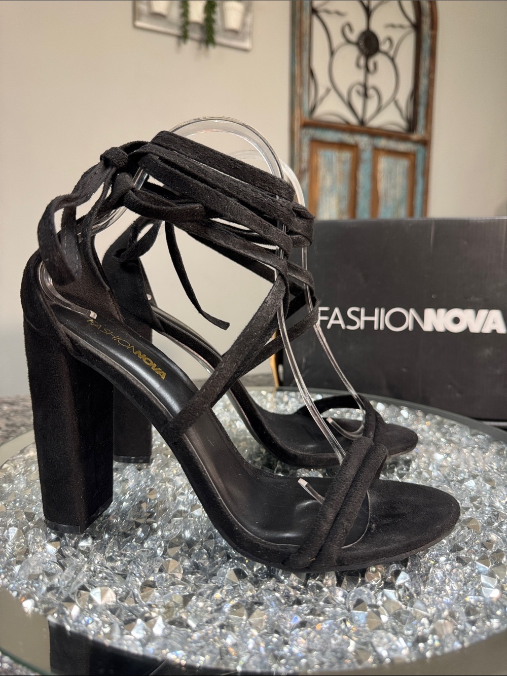 Fashion Nova Black faux Suede Strappy wrap Lace-Up Block Heels 8